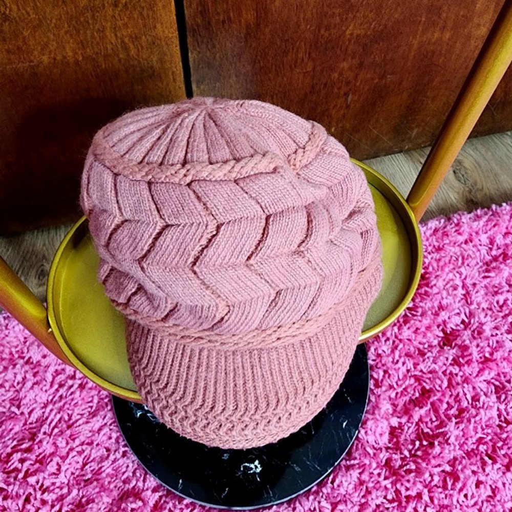 Knit Pink Hat with Brim Large Newsboy